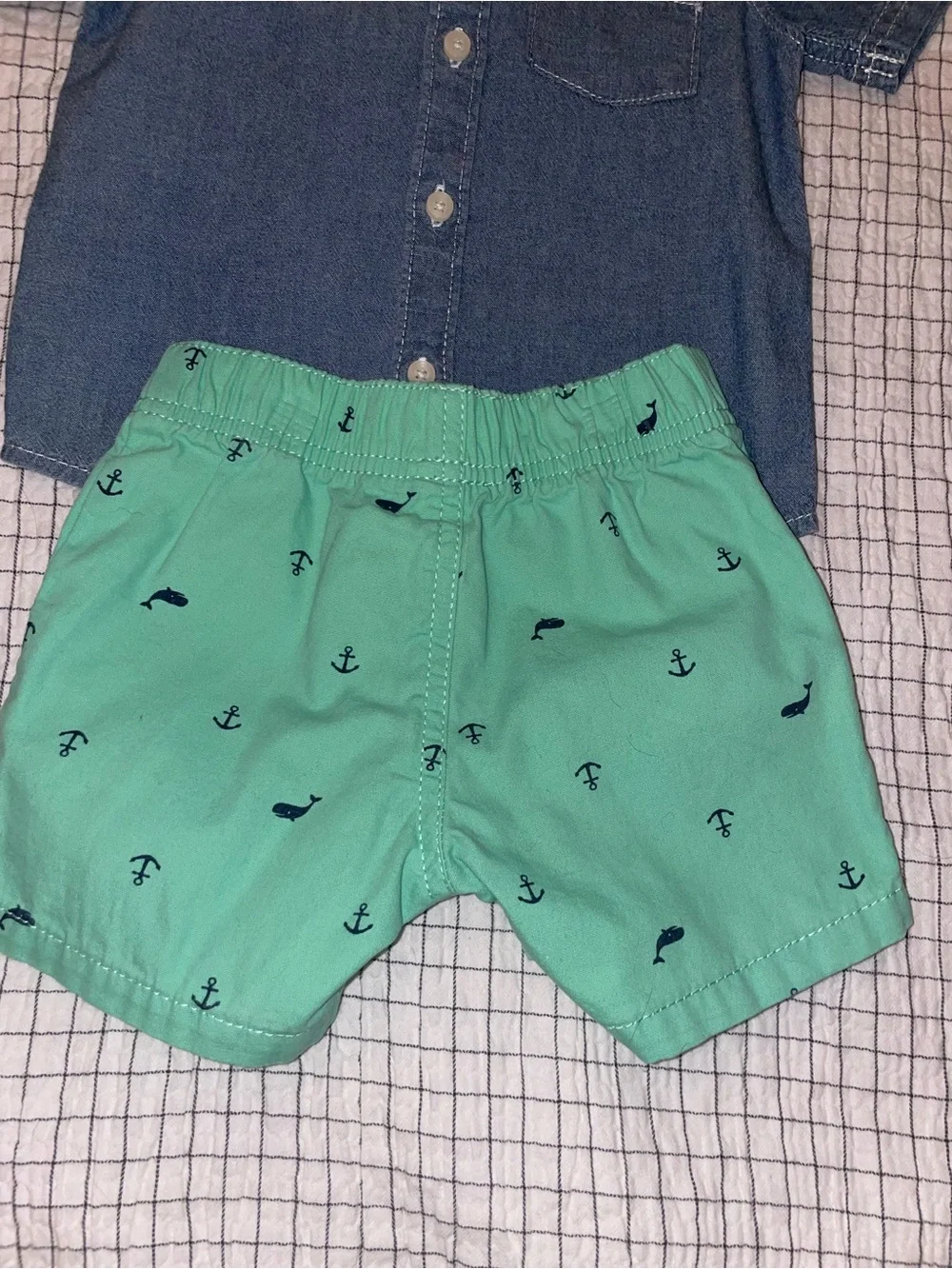 2 PC Carter's Blue Chambray Button-Up Shirt with Mint Anchor Accent and Shorts